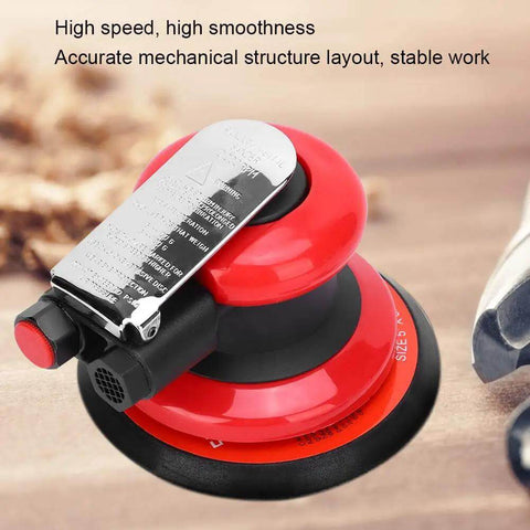 High Speed 10,000 RPM Pneumatic Polisher For Industrial Metal Polishing, Air Orbital Sander with red ergonomic grip.