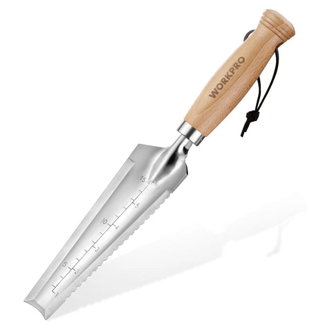 Garden Trowel With Wood Handle Stainless Steel Narrow Flat Shovel For Planting Weeding Transplanting And Digging A Handy Multi Use Tool For Gardening Serrated And Scraping Blade Edges Cutting Notch And Depth Mark Ruler For Precise Planting