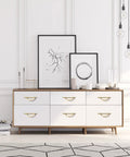 Brushed Gold Cabinet Pulls 5 Inch 128mm Hole Centers 10 Pack Handles For Kitchen Showcase on Light Wood Dresser