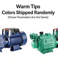 Two Heavy Duty 220V Fully Automatic Submersible Sump Pumps with Cast Iron Housing, one blue and one green, showcasing self-priming design.