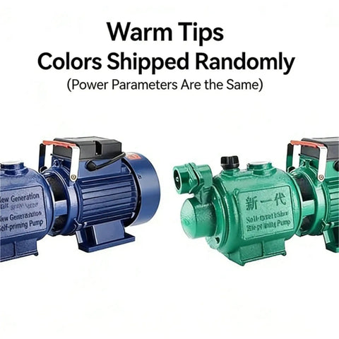 Two Heavy Duty 220V Fully Automatic Submersible Sump Pumps with Cast Iron Housing, one blue and one green, showcasing self-priming design.