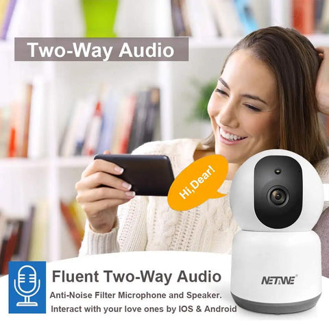4MP Ultra HD Dual Band WiFi Security Camera Indoor Home Surveillance With 5GHz And 2.4GHz Support 355 Horizontal Pan And 80 Vertical Tilt Night Vision Two Way Audio Motion And Human Detection SD Card Recording For Pet Baby Nanny Monitor shown in use by a woman