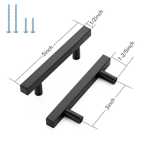 5 Inch Black Cabinet Handles Square Pulls Stainless Steel Drawer Pulls 3 Inch Hole Center with screws, dimensions shown