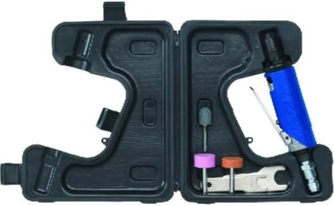 Rugged 1/4 Inch Pneumatic Die Grinder Packing Hella Fast 25000 RPM Power with accessories in case for metal prep tasks.