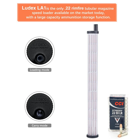 Tubular Magazine Speed Loader For 22 And 17 Caliber Lever Action Rifles Portable Quick Load Accessory With 176 Round Capacity Ideal For Field Use And Fast Reloads showing loading and carry modes with transparent design next to ammunition box.