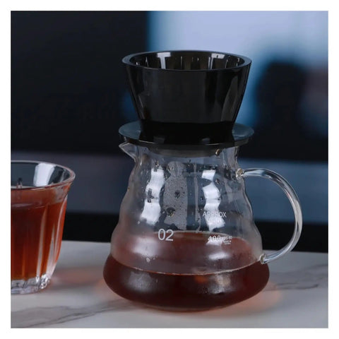 Straight Fire Premium Glass Pour Over Coffee Dripper Boasts Crystal Eye Viewing Window Holds One To Two Cups on a counter.