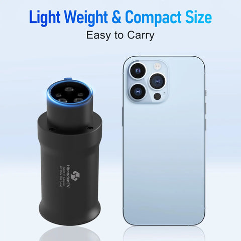 Heavy Duty NACS to J1772 EV Charger Adapter for Big Time Adaptive Fast Charging up to 80A and 250V power shown next to smartphone.