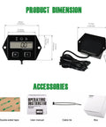 Digital Inductive Tach Hour Meter With RPM Gauge, dimensions and accessories displayed, including cable tie, manual, and box.