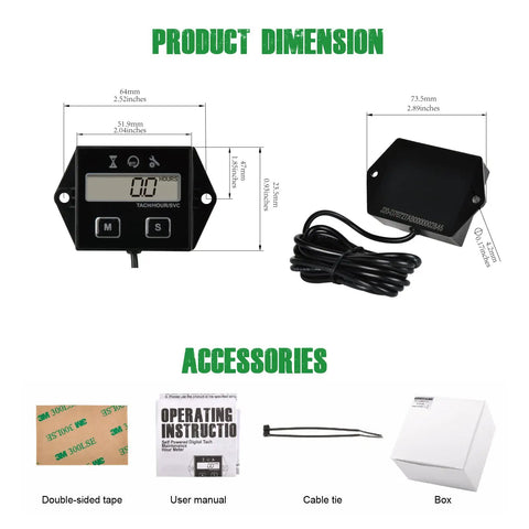 Digital Inductive Tach Hour Meter With RPM Gauge, dimensions and accessories displayed, including cable tie, manual, and box.