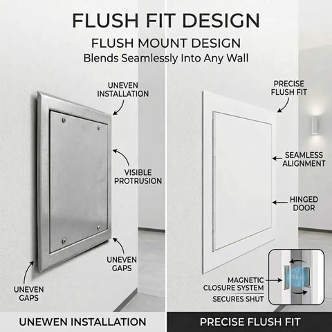 Built Tough Metal Access Panel With Zero Sag Magnetic Lock Covers Drywall Cutouts And Ceiling Openings Stays Put During Hvac Plumbing Fixes Snug Flush Look Gray 8X8 Inch Quick Clip showing flush mount design and installation features.