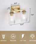 Two Light Brushed Nickel Vanity Light Over Mirror With Textured Glass Shade Modern Wall Mount Bath Fixture E26 Base Classic Square Frame For A Cozy Chill Bathroom Vibe, showcasing size and dimensions.