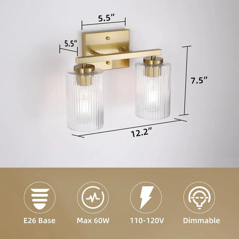 Two Light Brushed Nickel Vanity Light Over Mirror With Textured Glass Shade Modern Wall Mount Bath Fixture E26 Base Classic Square Frame For A Cozy Chill Bathroom Vibe, showcasing size and dimensions.