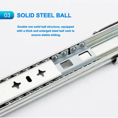 Close-up of 22 Inch Heavy Duty Drawer Slides With Lock Full Extension Side Mount Ball Bearing Rails 250 Pound Load Capacity