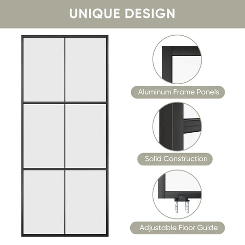 36x84 Inch Glass Sliding Barn Door Kit With 6Ft Hardware Black Aluminum Frame Clear Tempered Glass 3 Panel