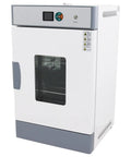 Horizontal Electric Blast Drying Oven Built Tough As Nails For Daily Lab Heating Featuring Rust Resistant Finish Coat And Spotless Stainless Chamber Premium Quality Construction Guaranteed with control panel and glass door.