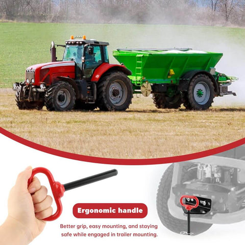 Half Inch Trailer Hitch Pin And Clip Set For Trailers With ergonomic handle shown in use on a tractor and trailer setup