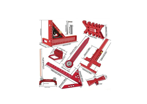 Pro Grade Woodworking Measuring And Scribing Tool Set In Aluminum Alloy, 9 Or 10 Piece Precision Layout Kit shown in red design