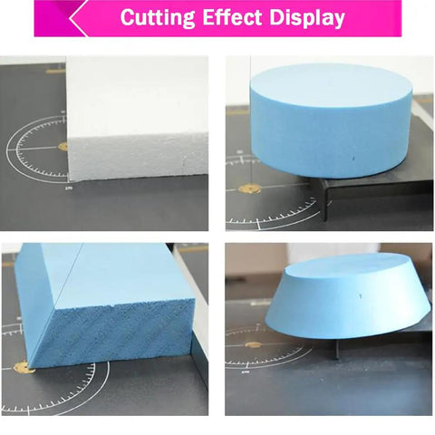 Cutting display of Heavy Duty Tabletop Hot Wire Foam Cutter Knockout Slicing Power For Styrofoam EPE KT Board, showing various shapes.