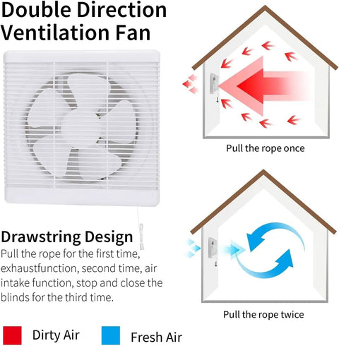 Diagram showing a 10 Inch Window Reversible Exhaust Fan For Through Wall Installation With Shutter Box And Blower Ventilation Air Extractor.