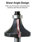 Close-up of Shear Angle Design on Heavy Duty 12 Piece Tungsten Carbide Router Bits Set for safer edge trimming.