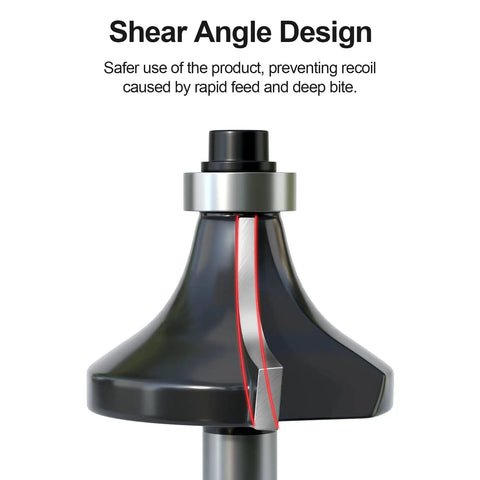 Close-up of Shear Angle Design on Heavy Duty 12 Piece Tungsten Carbide Router Bits Set for safer edge trimming.