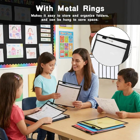 Teachers and students using 32 Pack Reusable Dry Erase Pocket Sleeves Clear PVC Sheet Protectors For Classrooms And Offices
