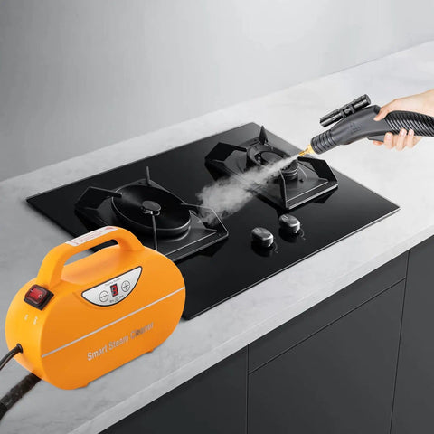 Person using Powerful 1800W Steam Cleaner With High Pressure And High Temperature Steam For No Hassle Deep Clean And Easy Cleanup on stove
