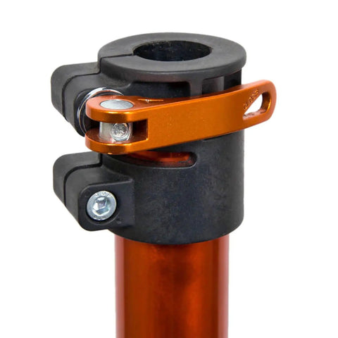 Close-up of clamp on Tri Doc Cycling Stand A Stable Folding Aluminum Non Slip Tri Leg Trail Doc Stand With Rubber Covered Legs