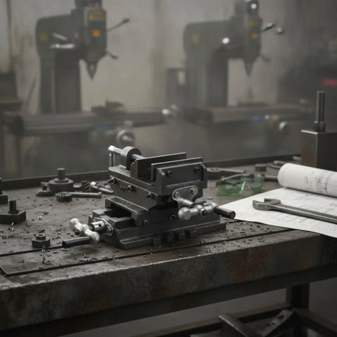 Amagogo 4 Inch Cast Iron Cross Slide Vise For Milling Machine And Drill Press on a workshop table, showcasing dual axis slider.