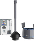 Heavy Duty Toilet Plunger With Holder Set For Quick Bathroom Cleanup, Sturdy Ergonomic Handle, Ventilated Gray Holder