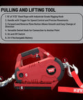 Cordless 24V Electric Winch With Steel Cable, 1000 Lb Pulling Capacity, Portable Handheld Winch details with features labeled
