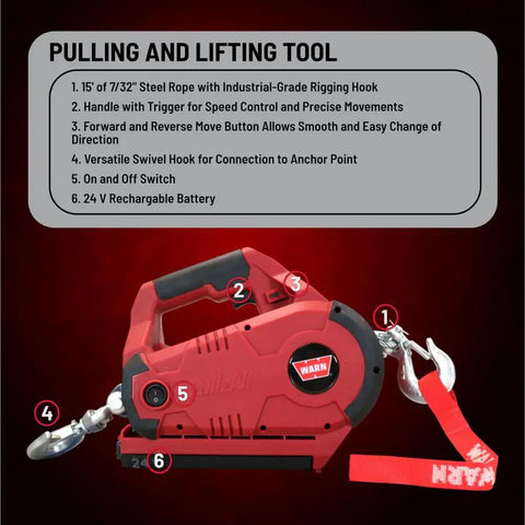 Cordless 24V Electric Winch With Steel Cable, 1000 Lb Pulling Capacity, Portable Handheld Winch details with features labeled
