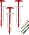 Six Piece Mini Seed Sowing Dispenser Kit with Two Transplanting Tools, featuring red durable plastic seeders for precise planting.