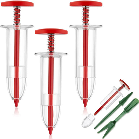 Six Piece Mini Seed Sowing Dispenser Kit with Two Transplanting Tools, featuring red durable plastic seeders for precise planting.