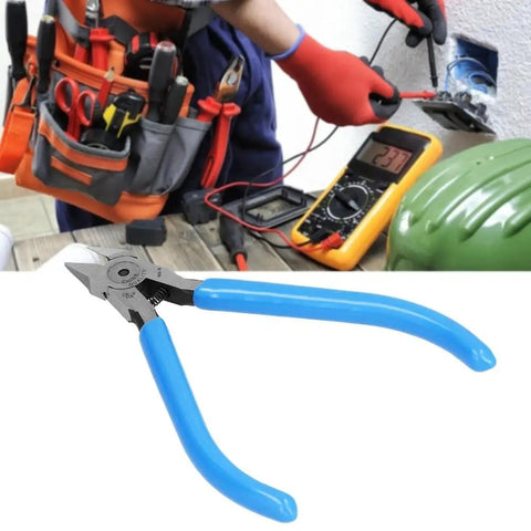 Beefy Diagonal Wire Cutter Pliers With Rebound Spring for precision cuts, shown on a workbench with an electrician's toolset.