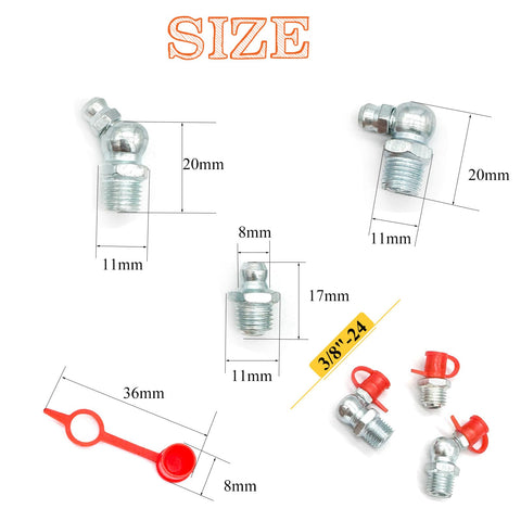 Components of 18-Piece 3/8-24 Grease Fitting Kit With Zerk Caps, Galvanized Steel, showing sizes and configurations.