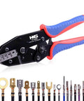Pro Grade Crimping Tool For Non Insulated Open Barrel Terminals And JST Molex TE Connectors AWG 24 To 10 0.25 6mm2 shown with connectors