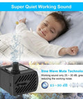 Ultra Quiet Submersible Water Pump 50 GPH 3W Mini Fountain Pump with child sleeping nearby, emphasizing low noise and sine wave technology.