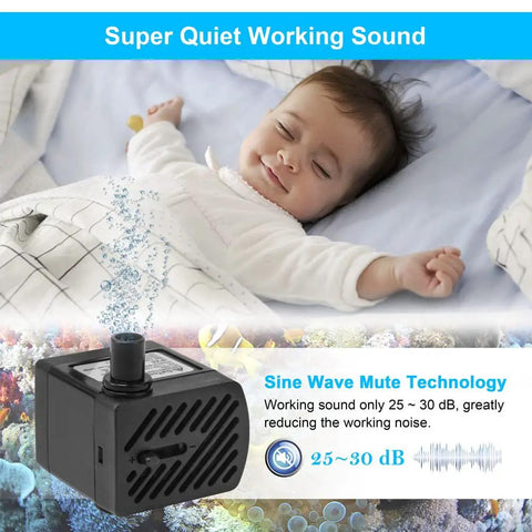 Ultra Quiet Submersible Water Pump 50 GPH 3W Mini Fountain Pump with child sleeping nearby, emphasizing low noise and sine wave technology.