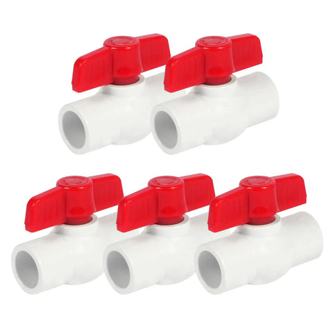 5 Pack Half Inch PVC Ball Valves for Water Shutoff, Slip On Half Inch Socket Ends, 150 PSI Rating, T Handle Manual On Off