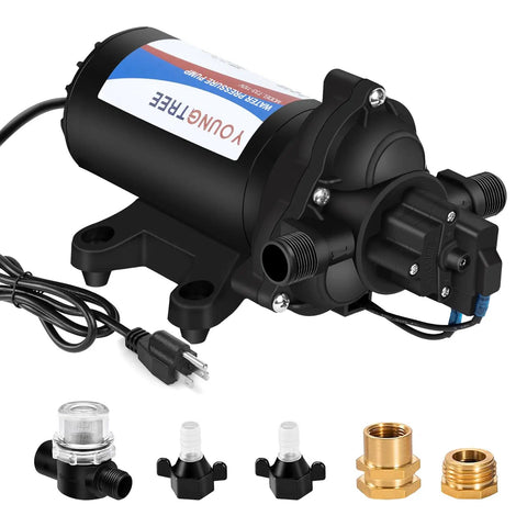 On Demand 110V Diaphragm Water Pump For RV Use 4 GPM 50 PSI Self Priming Transfer Pump With Garden Hose Adapters