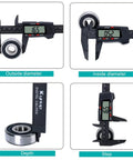 Digital Caliper With LCD Screen Auto Off Workhorse For DIY And Home Use 0 To 6 Inches And 0 To 150 Mm Inches And Millimeters Conversion High Precision To 0.01 Inches Accurate Measuring Tool showing measurements of bearing diameters and depth.