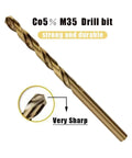 Close-up of a drill bit from 13 Piece M35 Cobalt HSS Drill Bit Set For Metal And Stainless Steel with annotation for sharpness.