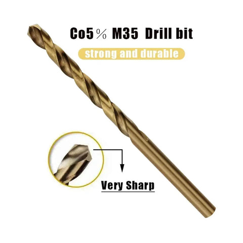 Close-up of a drill bit from 13 Piece M35 Cobalt HSS Drill Bit Set For Metal And Stainless Steel with annotation for sharpness.