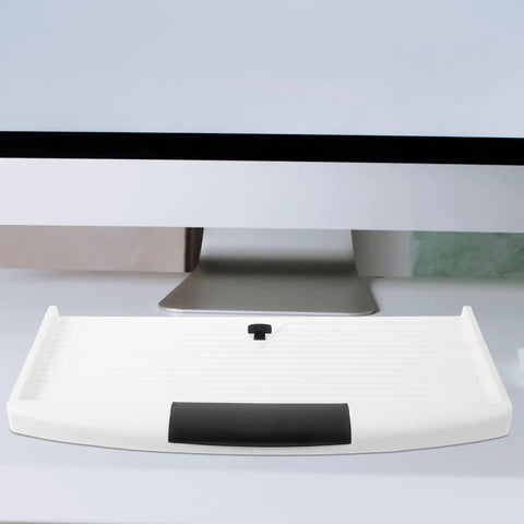 Slick Under Desk Keyboard Tray With Smooth Slide Out Drawer And Ergonomic Wrist Rest, straight up durable build seen from above, clean white surface.