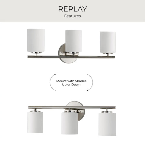 Three Light Etched Glass Modern Bath Vanity Light in Polished Nickel Finish, Replay Collection with up or down shade mount