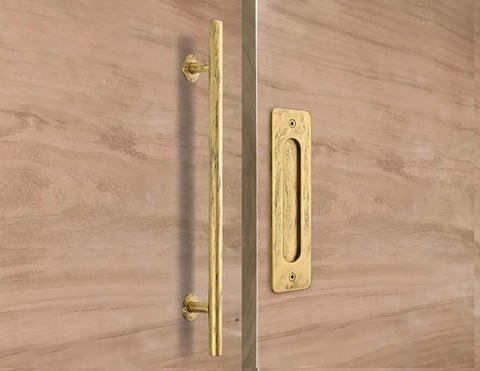 Dope Gold 24 Inch Barn Door Handle Set Retro Rustic Sliding Hardware Kit With Round Pull Flat Finger Pull Hook Lock And Eye Latch For Barn Doors Gates And Garages shown on wood door