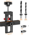 Cabinet Door Mounting Jig With Adjustable Positioner And Drill Jig 2-In-1 Cabinet Hardware Tool For No-Fuss Door Alignment And Install On Most Cabinets Includes 3 Drill Bits, shown with included drill bits and measurements.