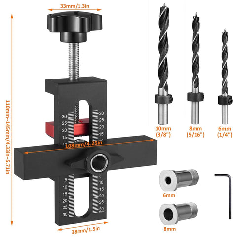 Cabinet Door Mounting Jig With Adjustable Positioner And Drill Jig 2-In-1 Cabinet Hardware Tool For No-Fuss Door Alignment And Install On Most Cabinets Includes 3 Drill Bits, shown with included drill bits and measurements.