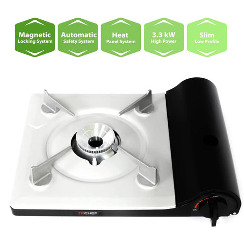 Top view of Agni Portable Butane Camp Stove with Auto Piezo Ignition, magnetic locking, and heat panel efficiency.